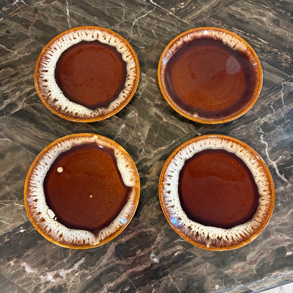 Hull Pottery Brown Drip Dessert Plates 6 Inch Vintage Stoneware Set of 4